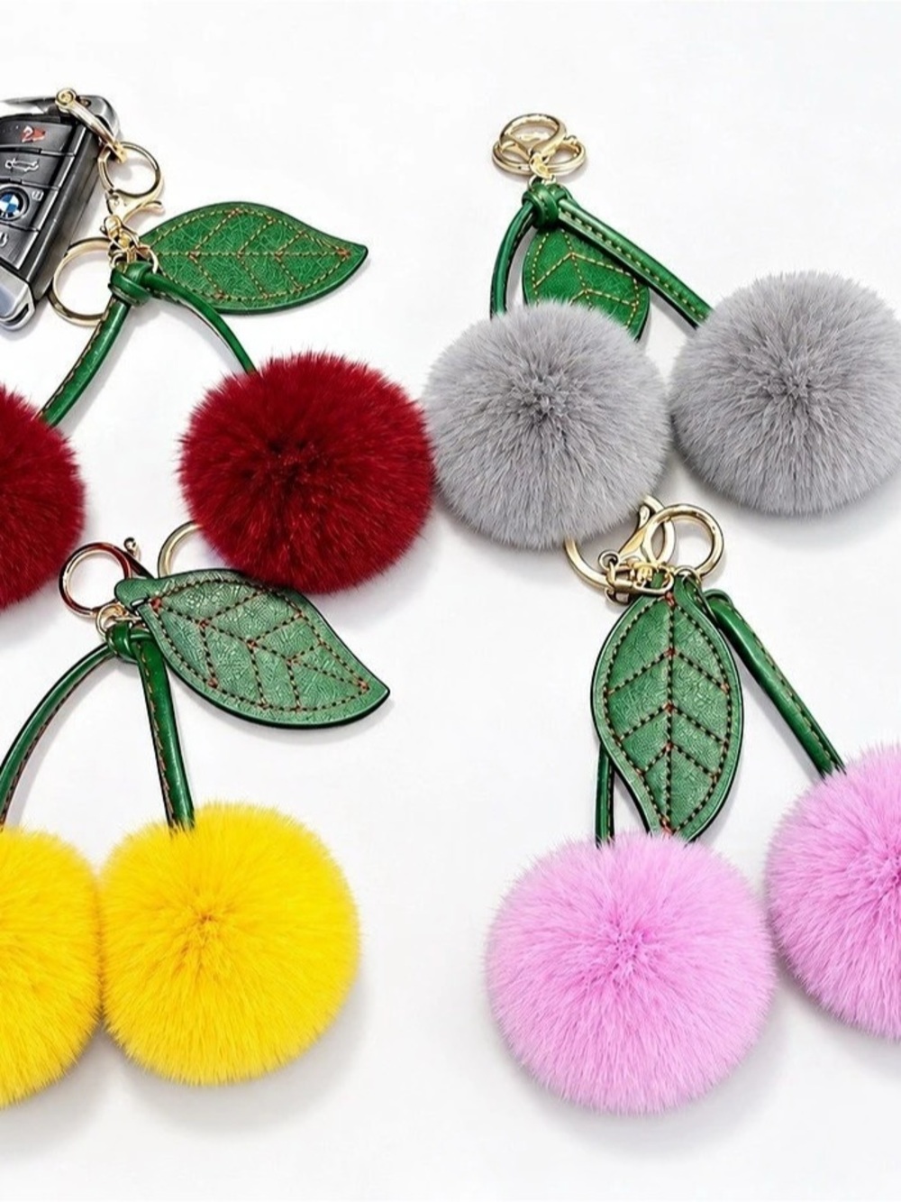 Fluffy Double Pom Pom Cherry Keychain